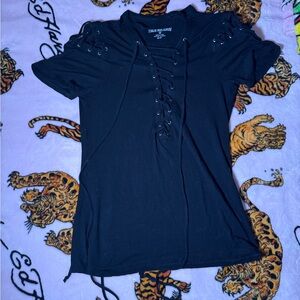 True Religion Black Lace-Up Short Sleeve Tee with Eyelet Detail
